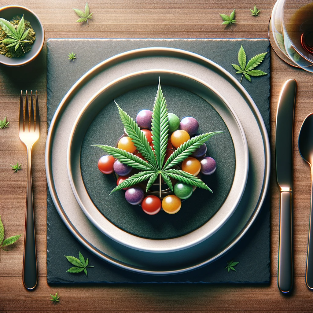 Assorted fast-acting cannabis edibles including gummies, brownies, sauces, and infused snacks arranged on a modern kitchen counter.