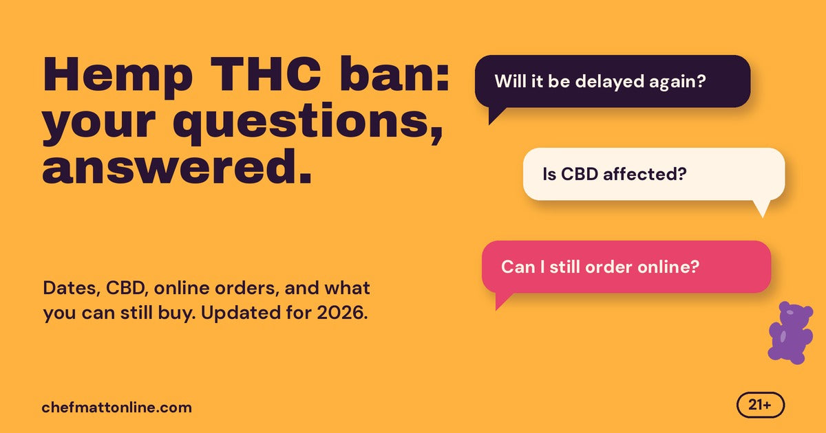 Three chat bubbles asking will it be delayed again, is CBD affected, and can I still order online, next to the headline hemp THC ban: your questions, answered