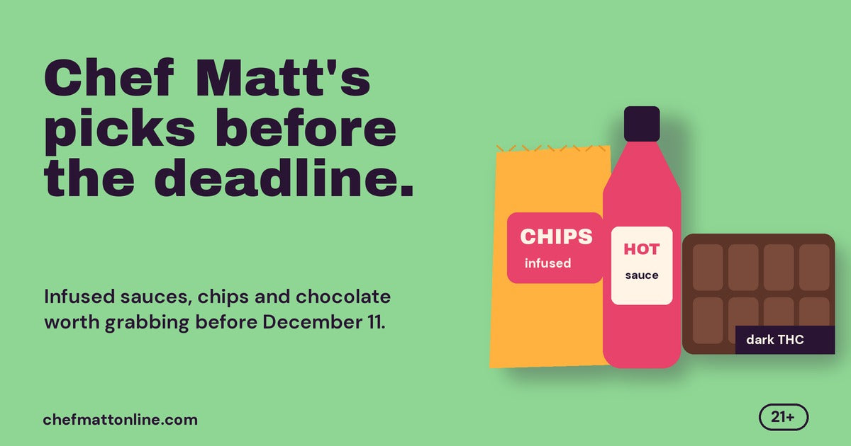 Illustration of an infused chip bag, a bottle of hot sauce and a dark THC chocolate bar under the headline Chef Matt's picks before the deadline