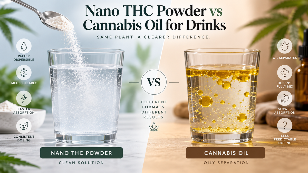Nano THC powder vs cannabis oil for water-based THC drinks