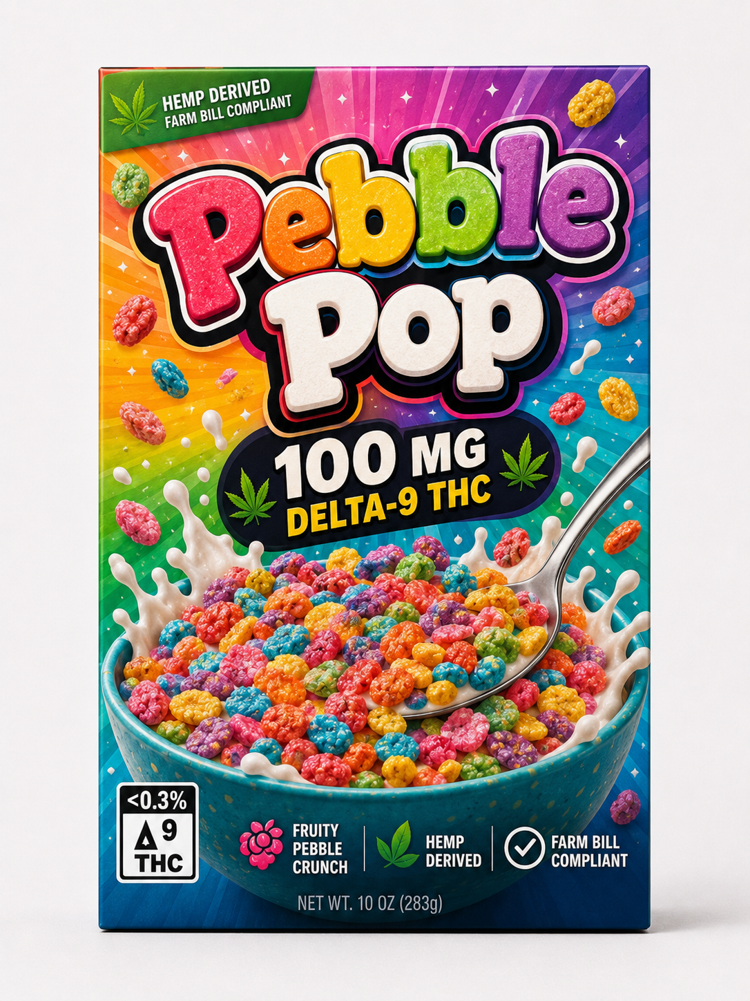 Pebble Pop THC infused cereal box, fruity rice crisps with hemp-derived Delta 9