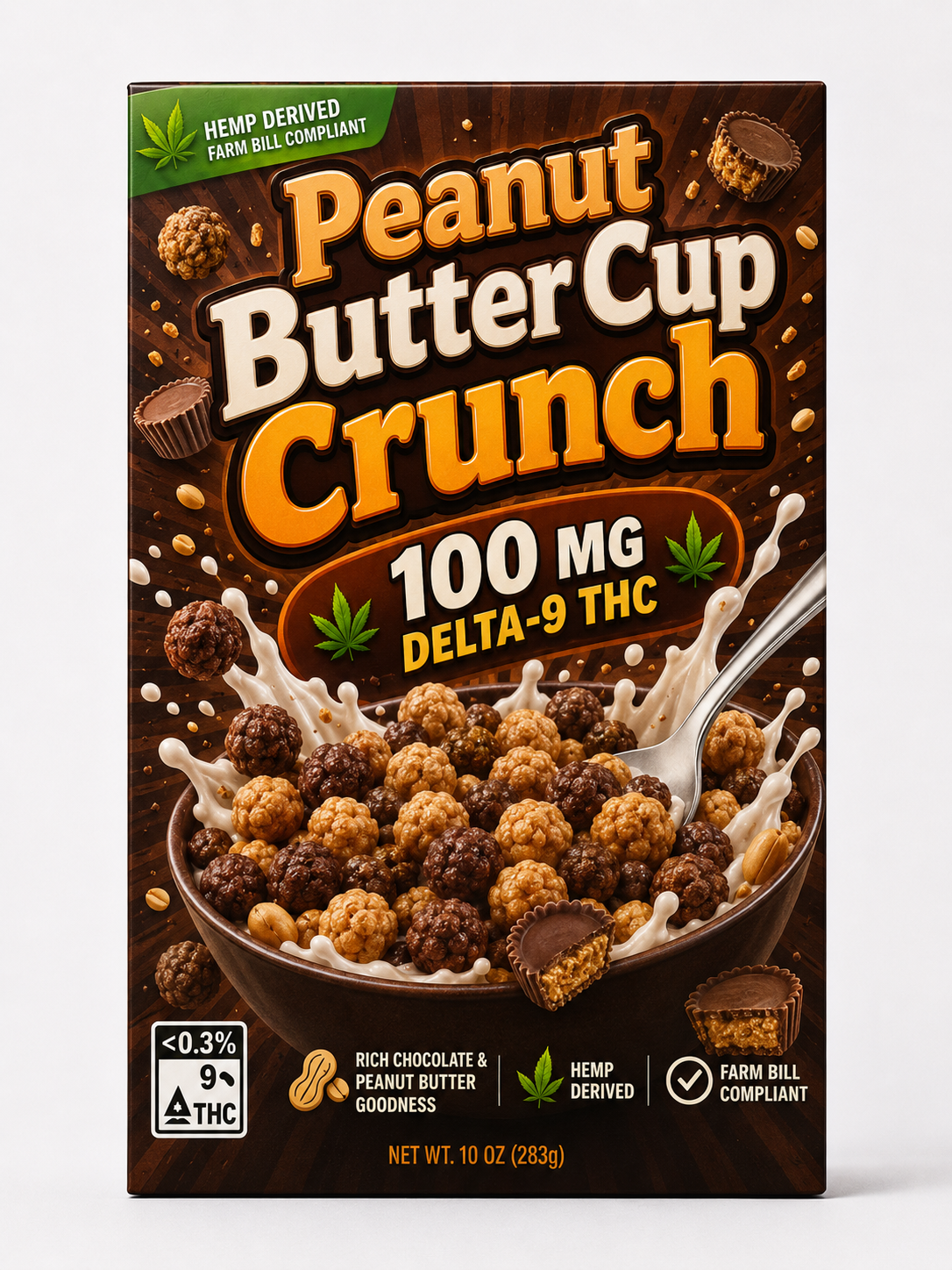 Peanut Butter Cup Crunch THC infused cereal, chocolate peanut butter puffs with hemp-derived Delta 9