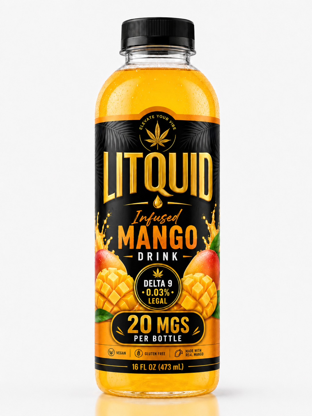 LITQUID, Chef Matt, infused drink, mango THC drink, Delta 9 drink, cannabis beverage, hemp derived Delta 9, 20mg THC drink, 16 oz infused drink, THC beverage, mango drink, fast acting edible, nano THC, premium edibles, cannabis edibles online
