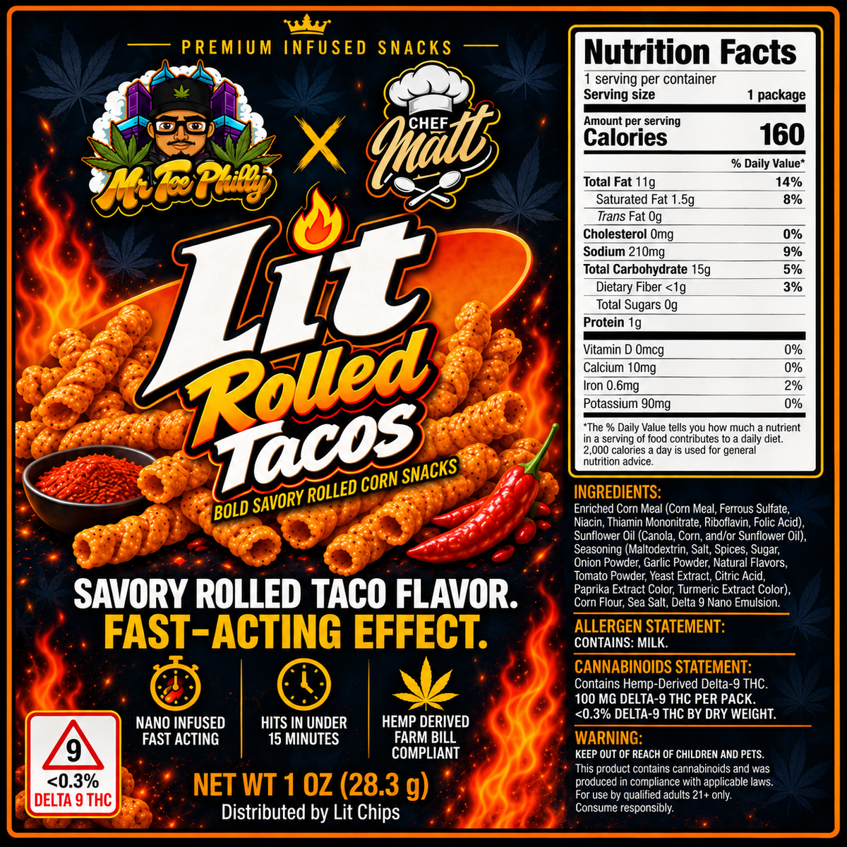 Lit Fuego Rolled Tacos bag, chili lime THC rolled tortilla chips with hemp-derived Delta 9