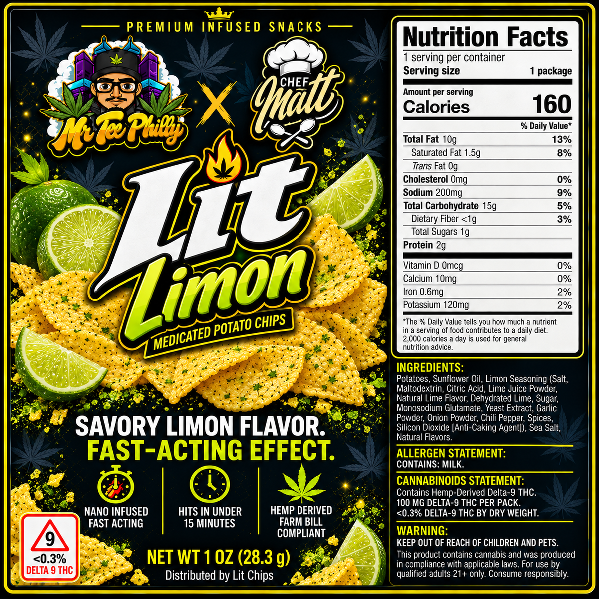 Lit Limon Potato Chips bag, lime THC infused potato chips with hemp-derived Delta 9