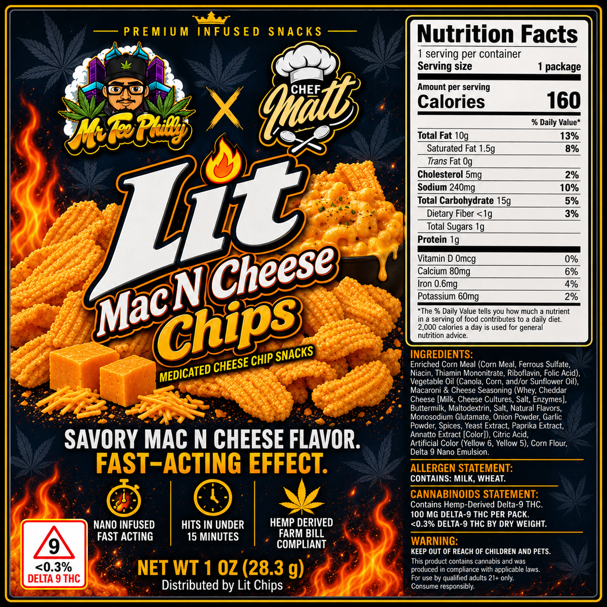 Lit Mac N Cheese Chips bag, cheesy THC infused chips with hemp-derived Delta 9