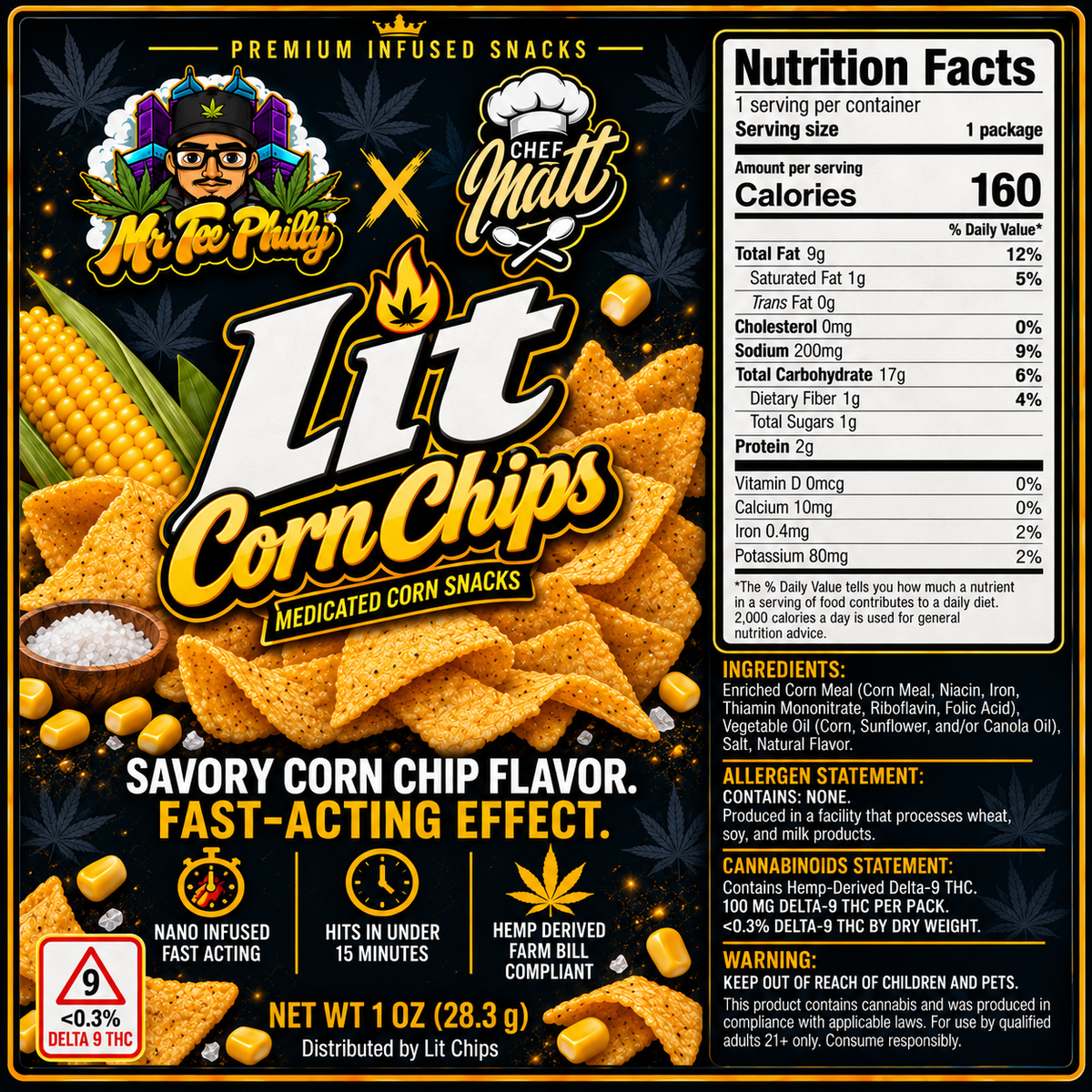 Lit Corn Chips bag, THC infused corn chips with hemp-derived Delta 9 by Chef Matt