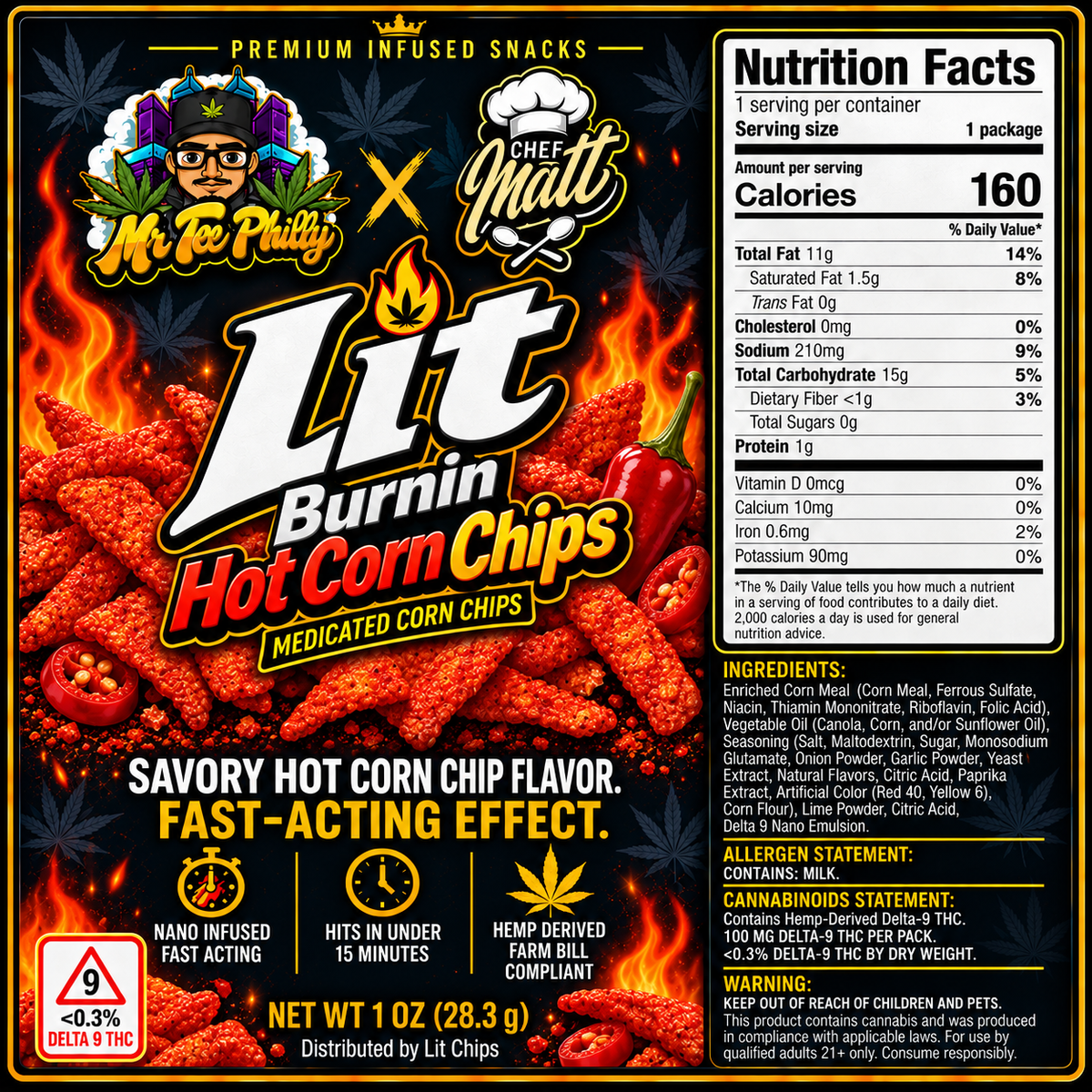 Lit Burnin Hot Corn Chips bag, spicy THC corn chips with hemp-derived Delta 9