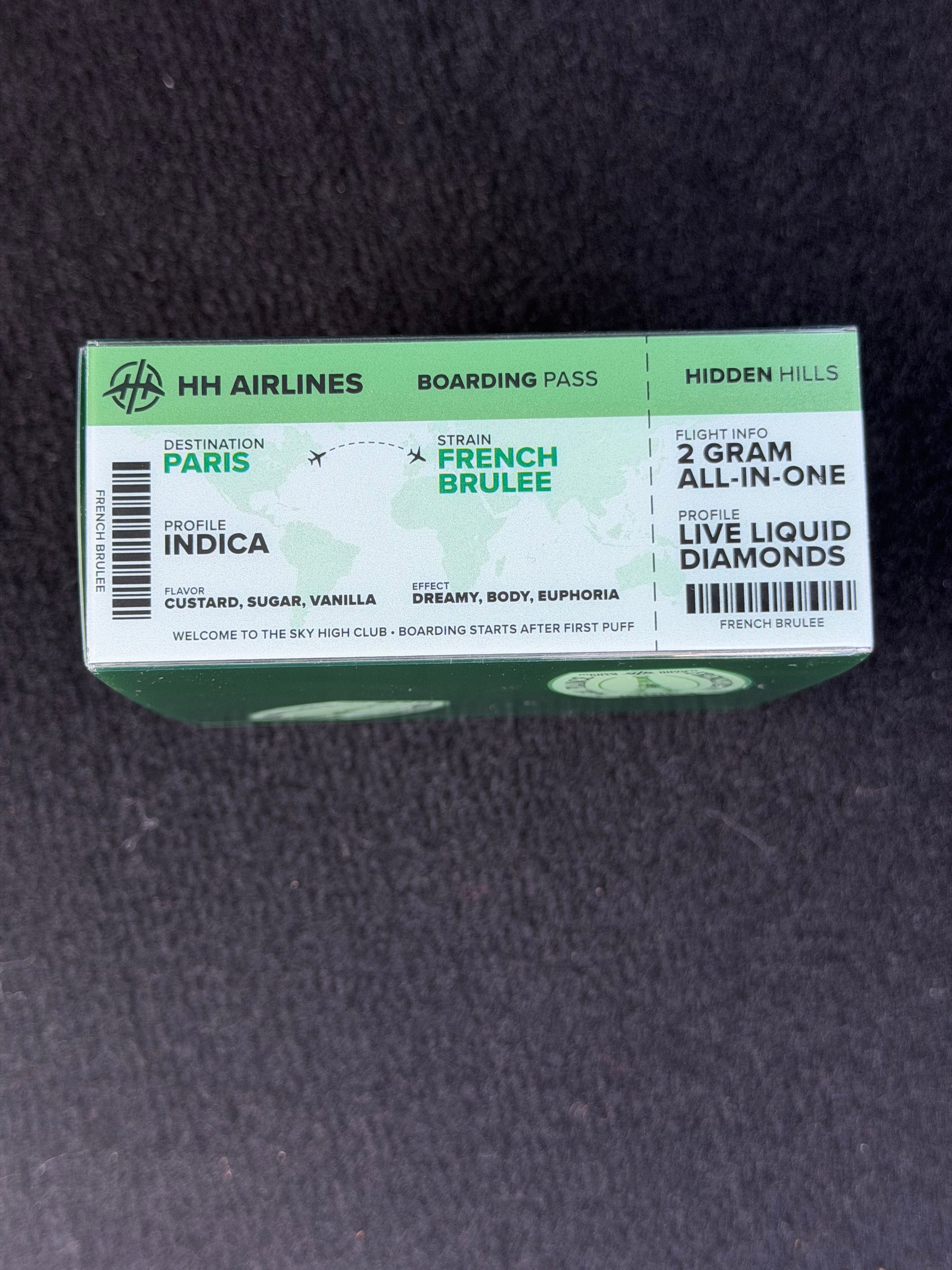 French Brulee indica 2 gram all-in-one vape pen packaging