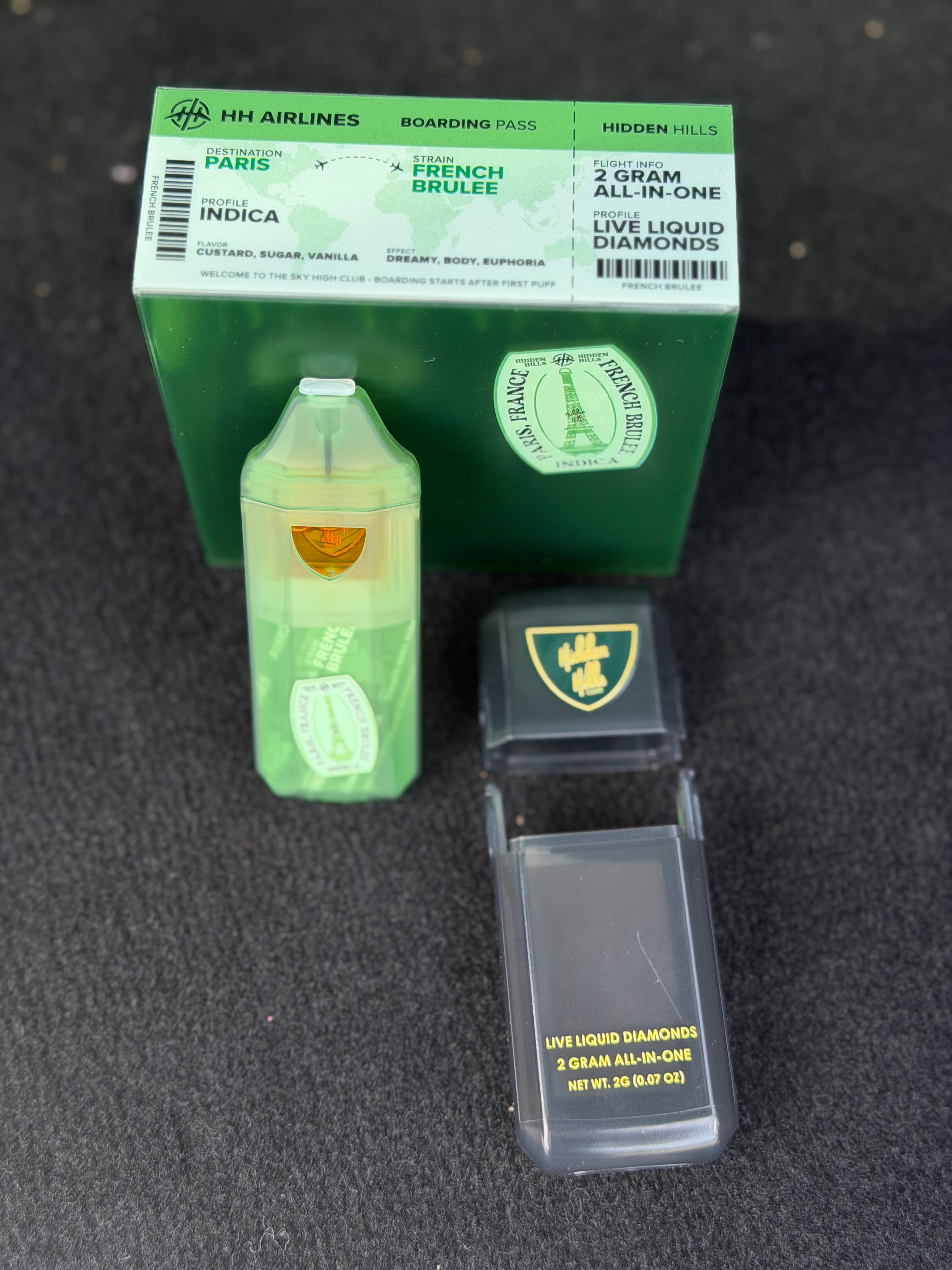French Brulee indica 2 gram all-in-one vape pen packaging