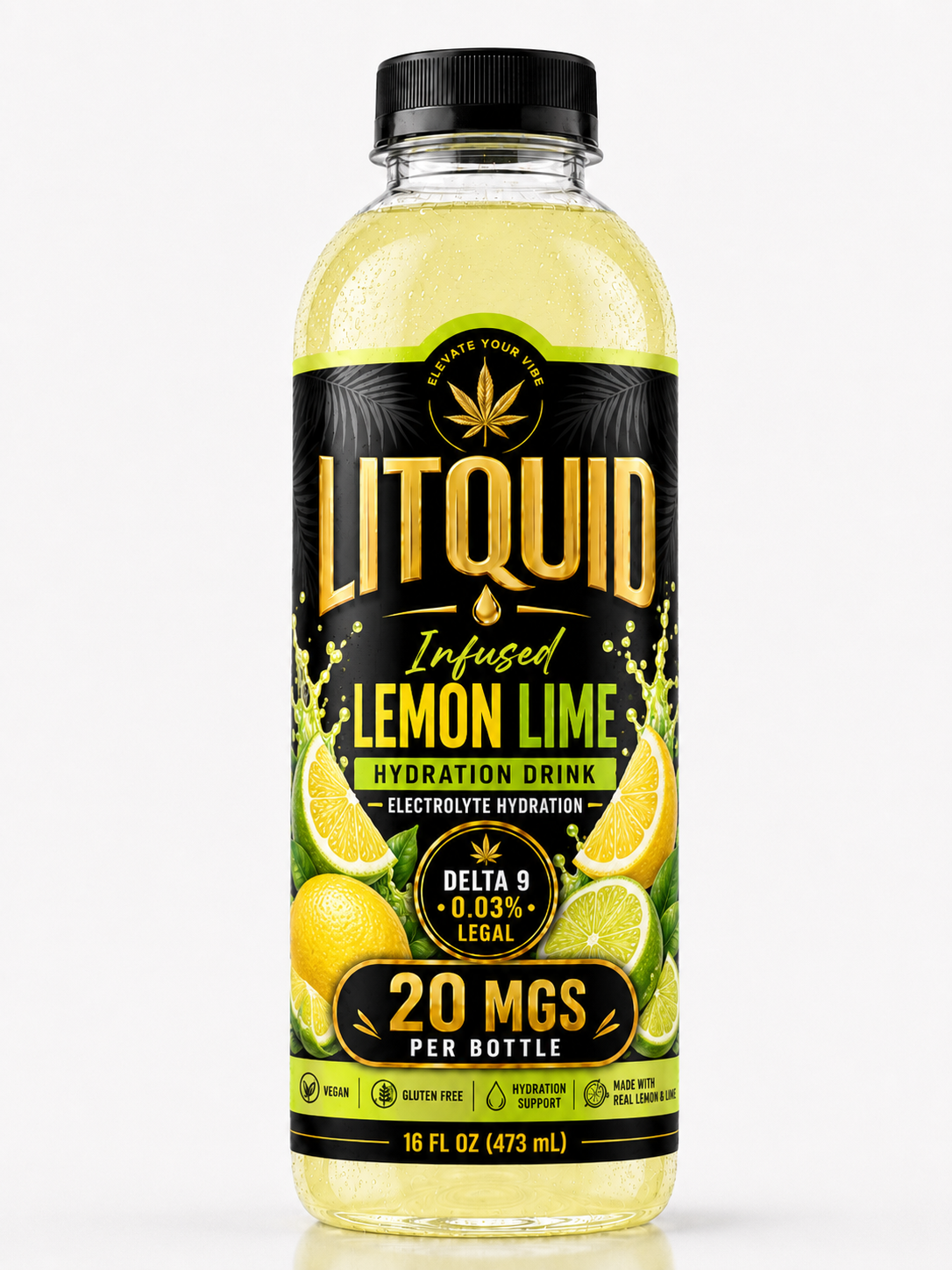 LITQUID lemon lime hydration Delta 9 drink label with 20mg per bottle in a 16 oz bottle