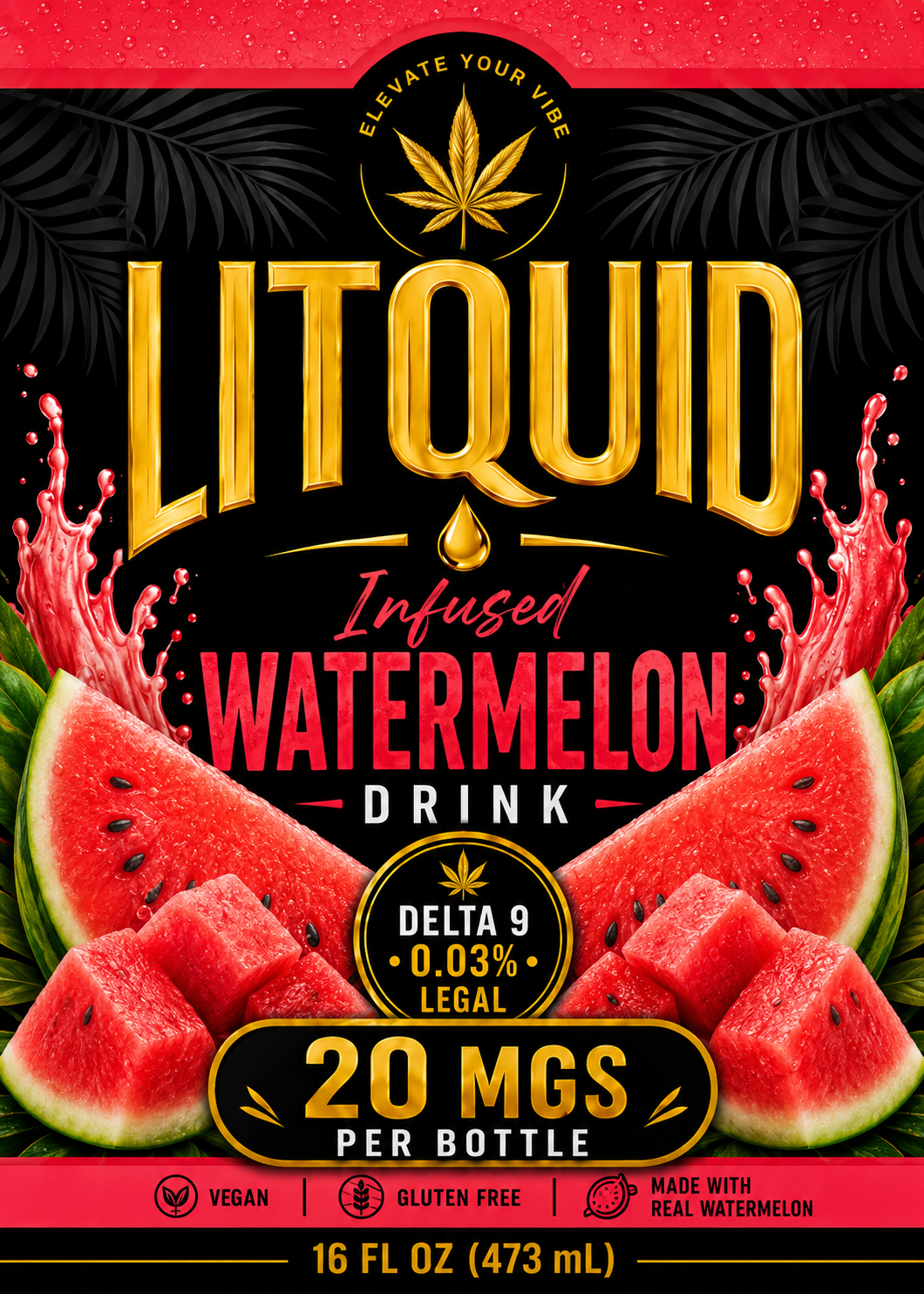 LITQUID infused watermelon Delta 9 drink label with 20mg per bottle in a 16 oz bottle
