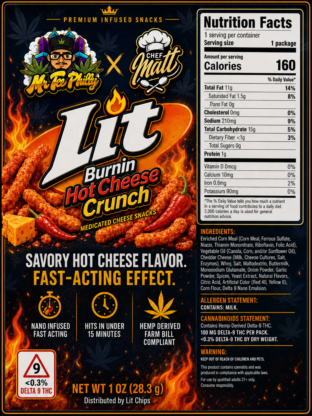 Lit Burnin Hot Cheese Crunch bag, spicy cheese THC snack with hemp-derived Delta 9