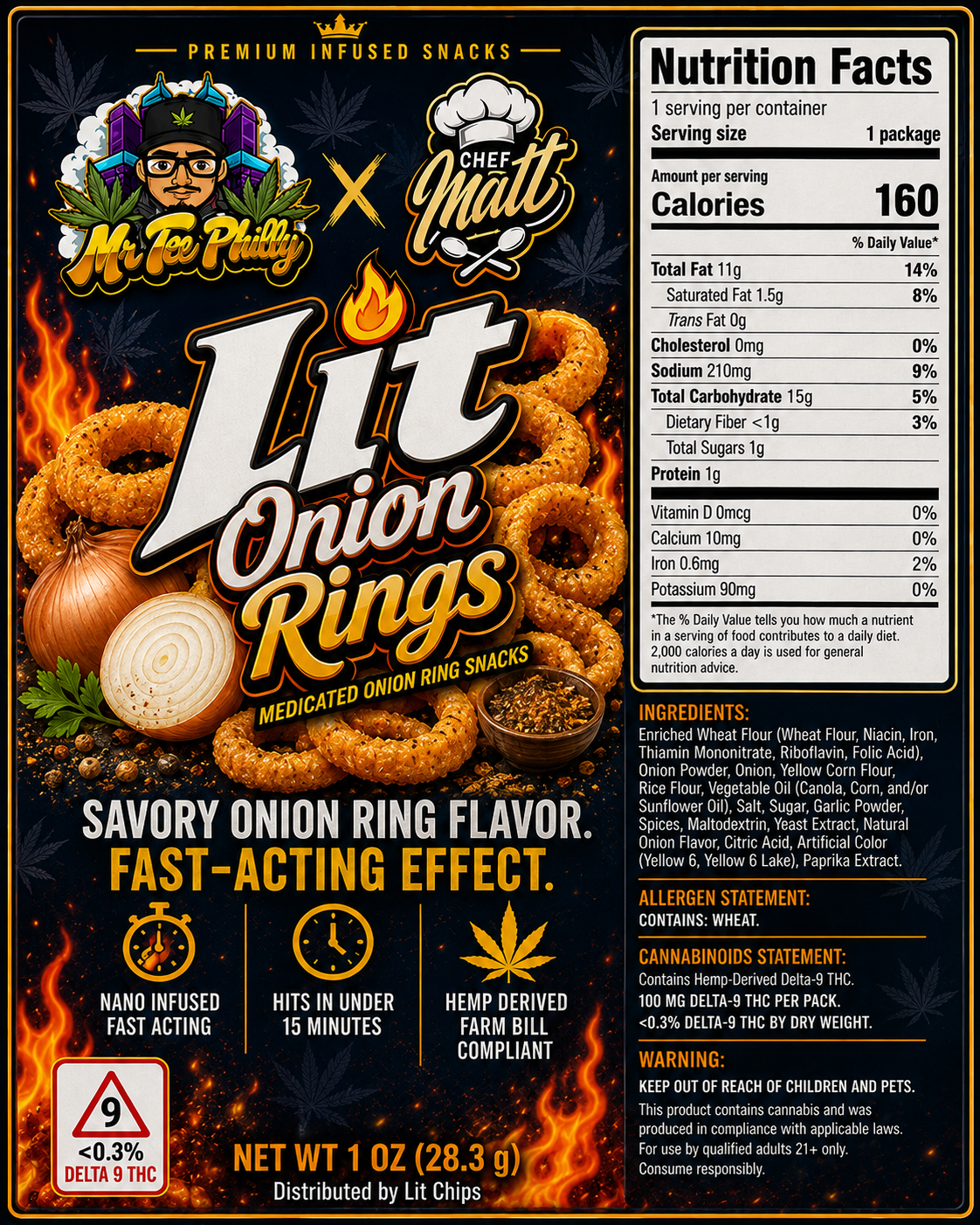 Lit Onion Rings bag, onion ring THC chips with hemp-derived Delta 9 by Chef Matt