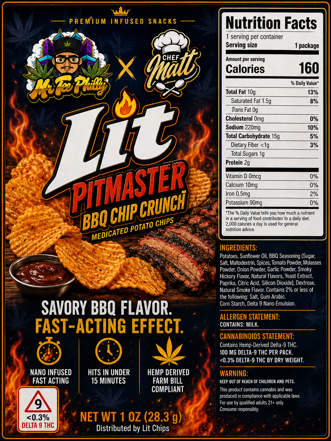 Lit Pitmaster BBQ Potato Chips bag, BBQ THC infused chips with hemp-derived Delta 9