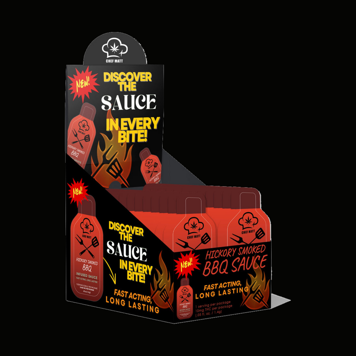 Chef Matt Crafted Hickory Smoked BBQ Sauce 25 pack display box on black