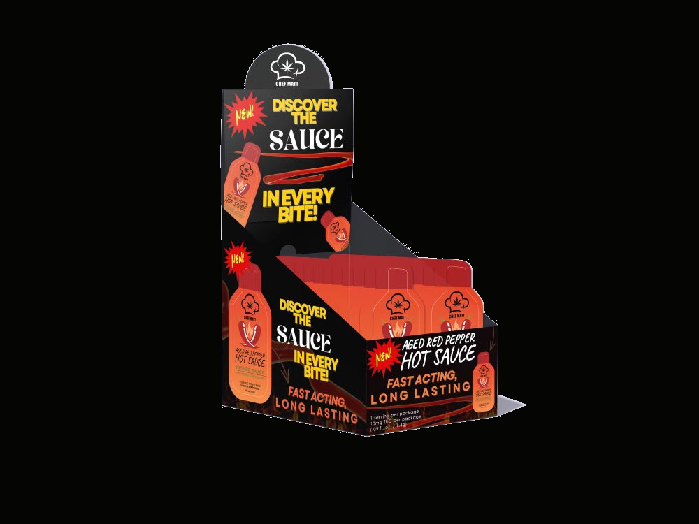 Chef Matt Crafted Aged Red Pepper Hot Sauce 25 Pack | Gourmet Condiment Bundle on black background
