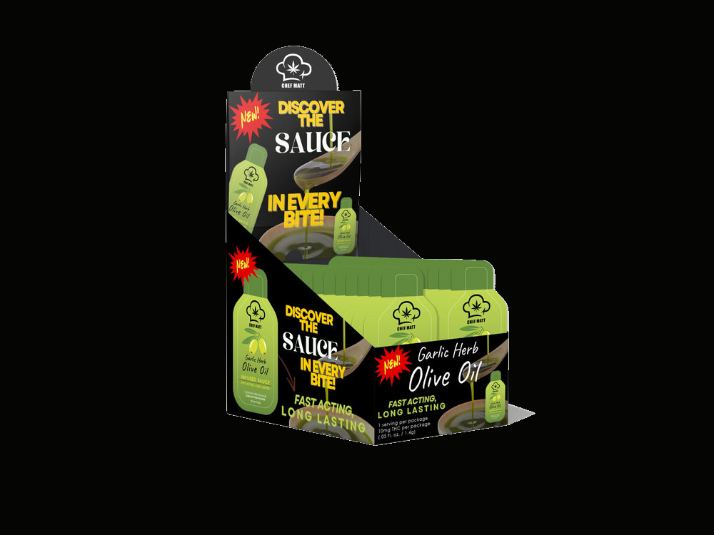 Chef Matt Crafted Garlic and Herb Olive Oil 25 Pack | Gourmet Condiment Bundle on black background