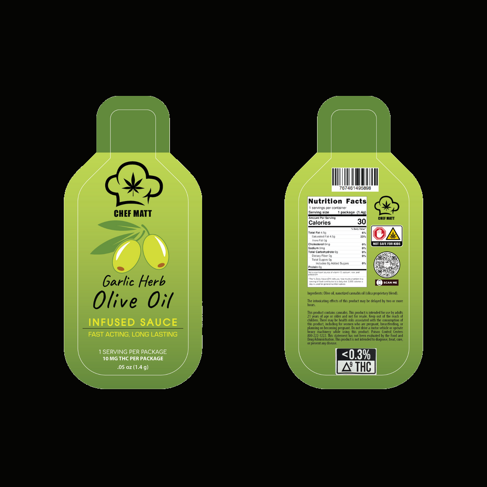 Chef Matt Crafted Garlic and Herb Olive Oil | Gourmet Condiment on black background