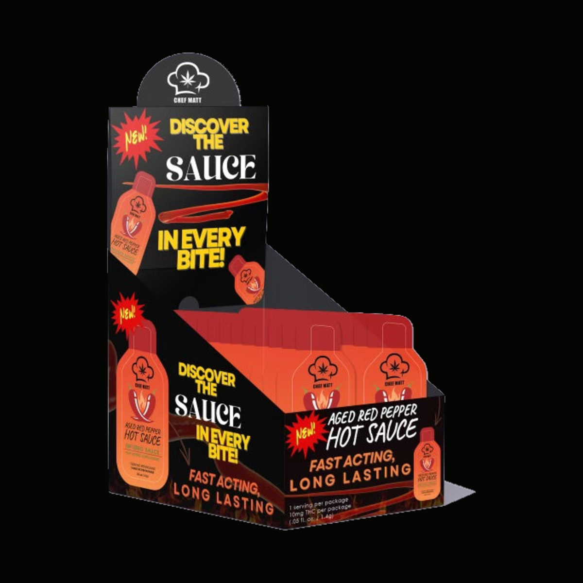 Chef Matt Crafted Aged Red Pepper Hot Sauce 25 pack display box on black