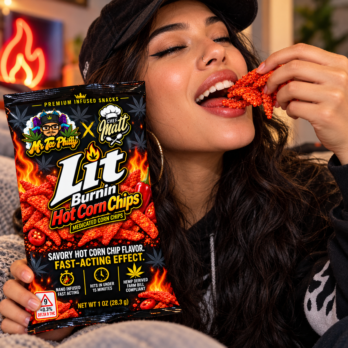 Lit Burnin Hot Corn Chips THC snack, alternate view