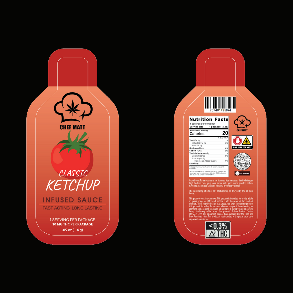 Chef Matt Crafted Classic Ketchup infused sauce packets, front and back, on black
