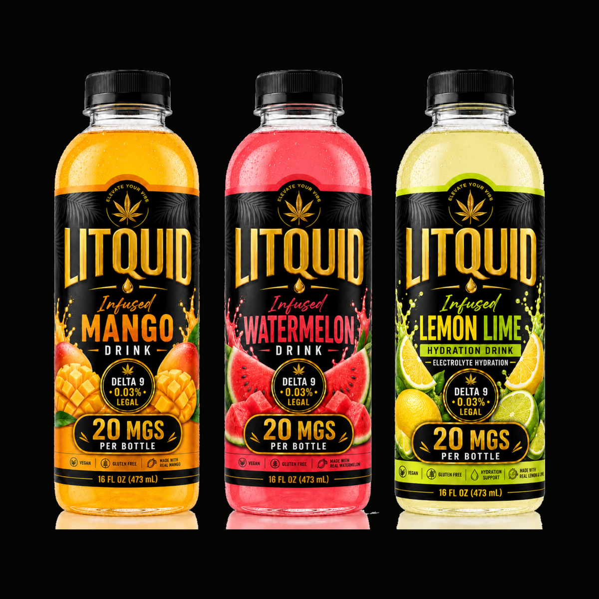 LITQUID 6 Pack crafted drink bundle, Mango, Watermelon and Lemon Lime bottles on black