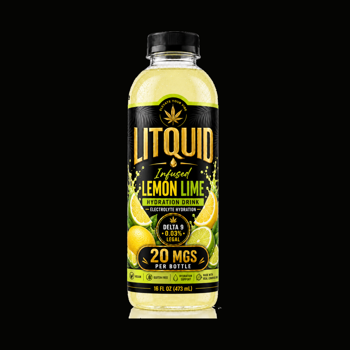 LITQUID Lemon Lime crafted drink 16 oz bottle on black