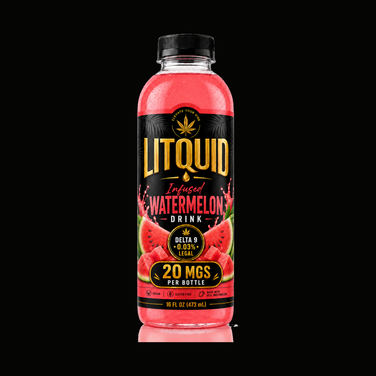 LITQUID Watermelon crafted drink 16 oz bottle on black