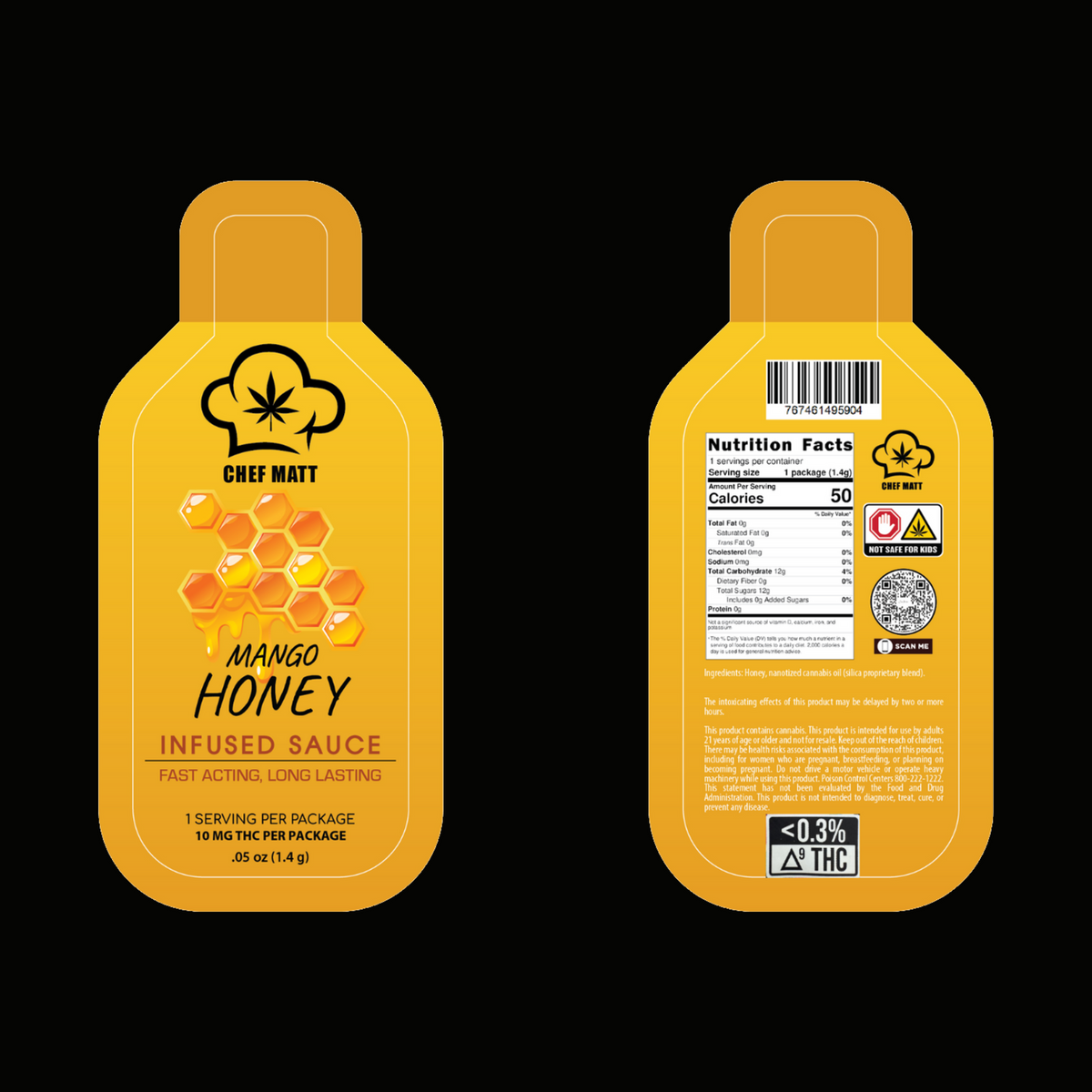 Chef Matt Crafted Mango Honey infused sauce packets, front and back, on black