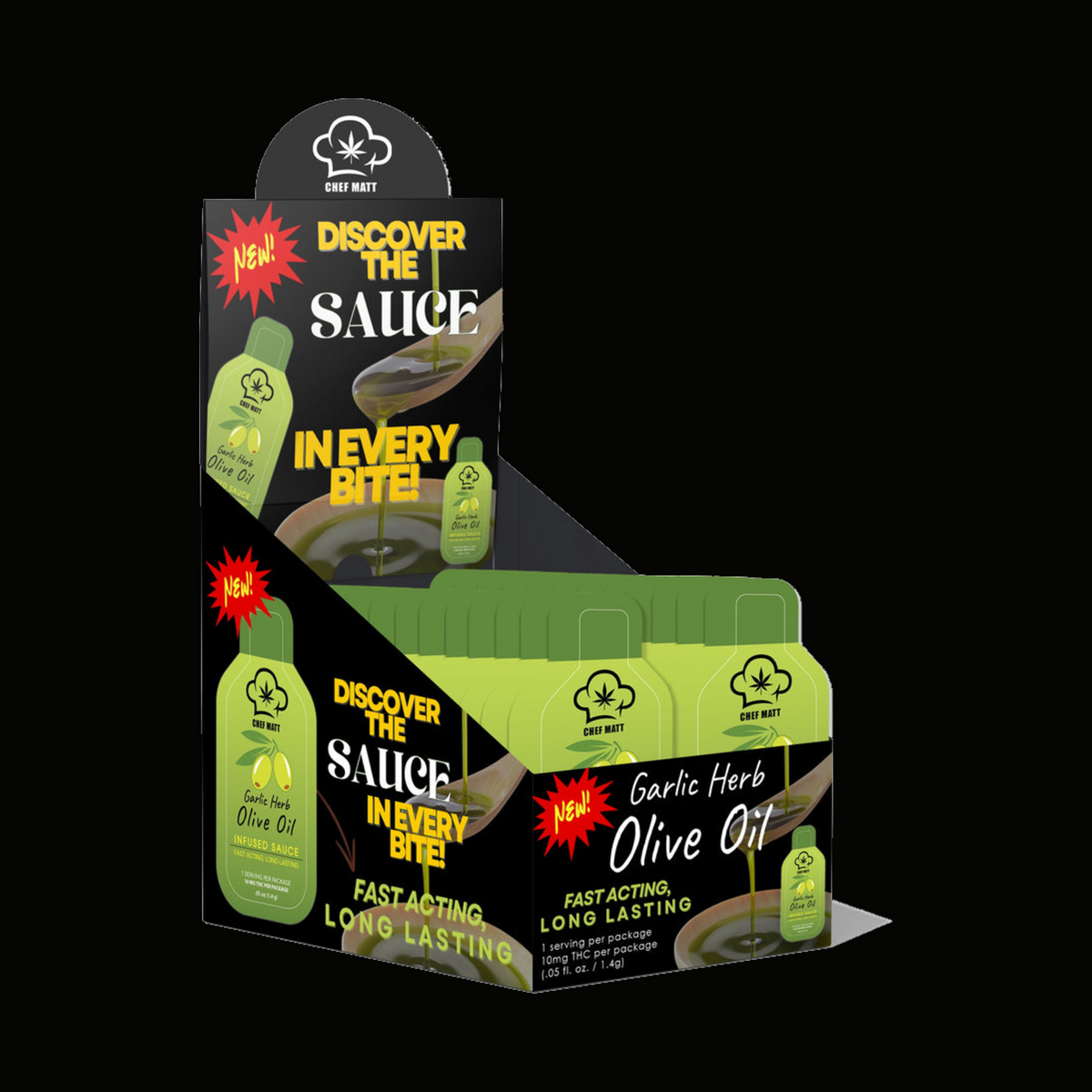 Chef Matt Crafted Garlic and Herb Olive Oil 25 pack display box on black