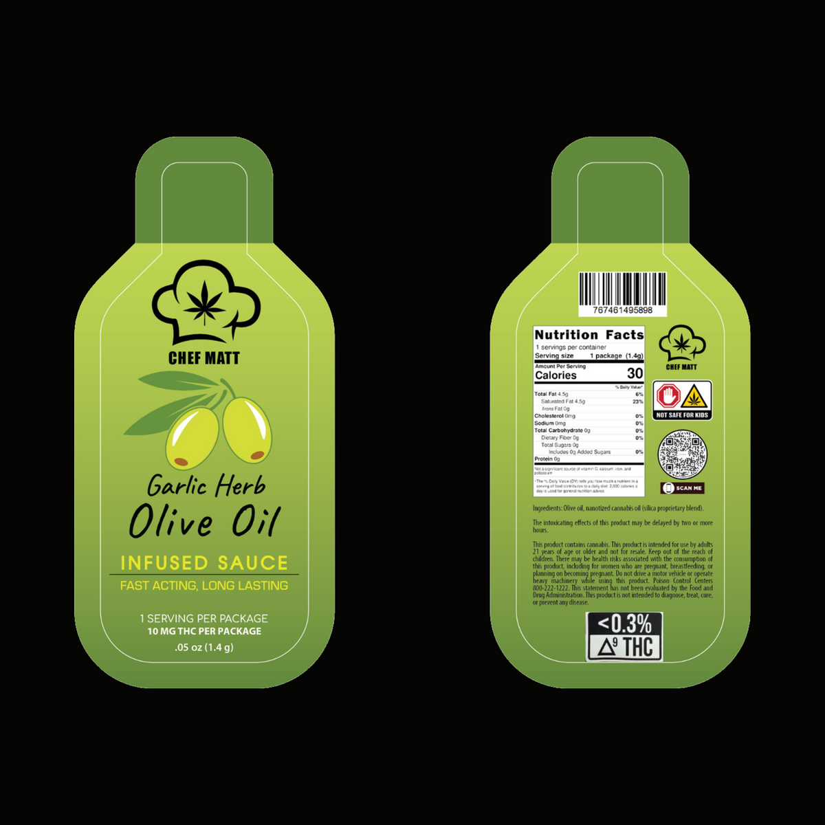 Chef Matt Crafted Garlic and Herb Olive Oil infused sauce packets, front and back, on black